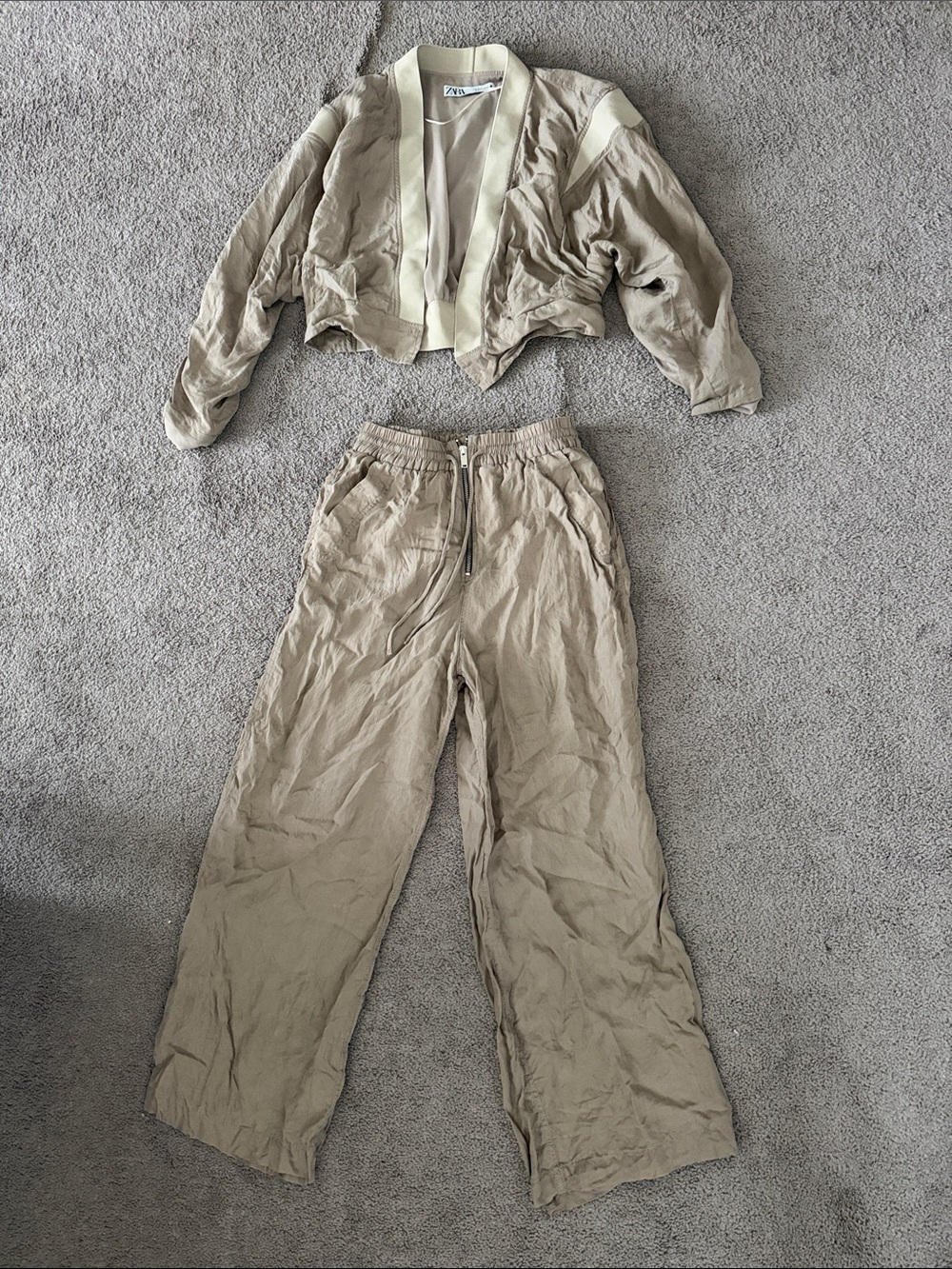 Zara Two-Piece Wide Leg Pant and Cropped Jacket Set in Light Taupe